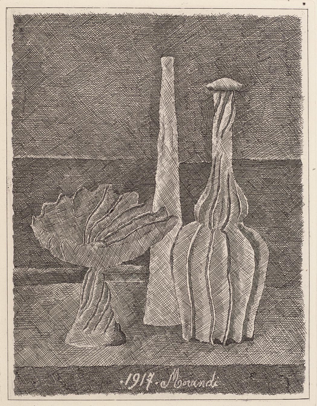 Giorgio Morandi, Still Life with Condiment Dish, Long Bottle and Fluted Bottle, 1928