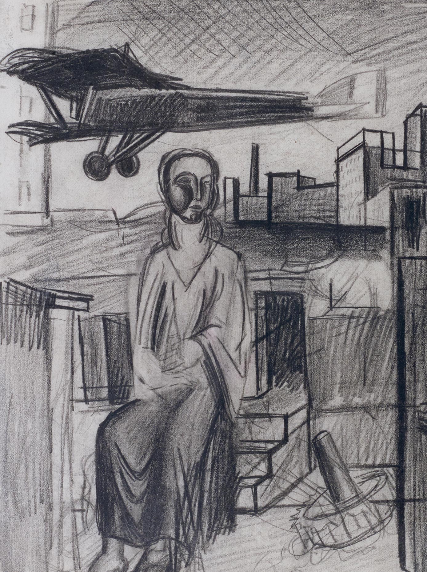 Mario Sironi, Urban Landscape, Aeroplane and Seated Woman, 1916